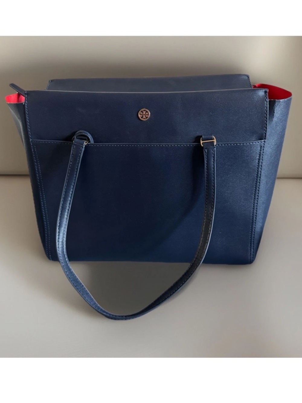 Tory Burch Parker Large Navy Leather Tote Bag Red Interior EUC w/ COA